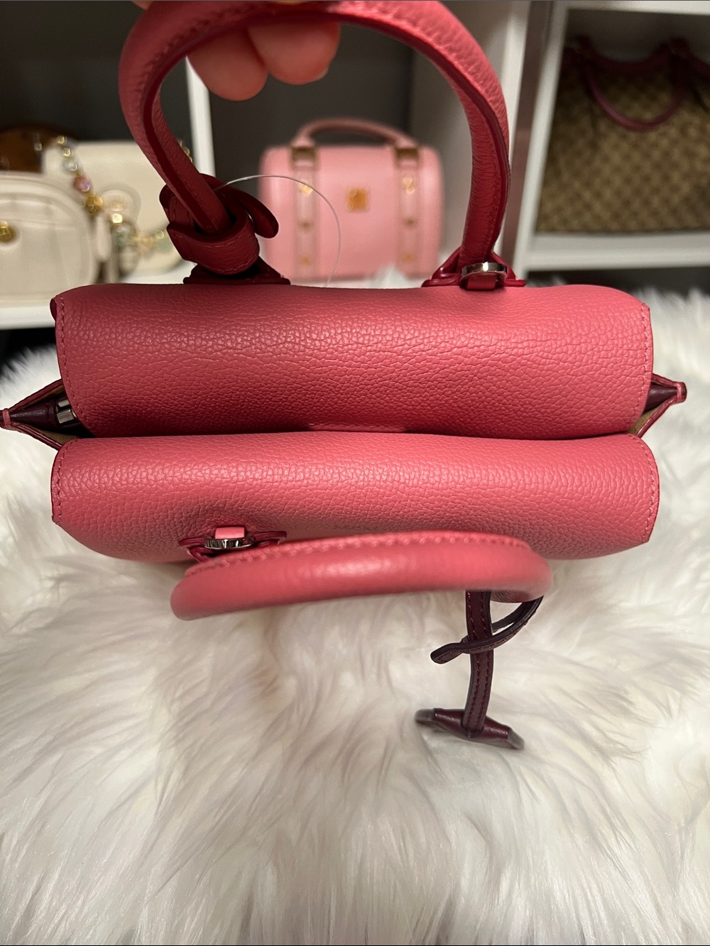 MCM Coral Pink Leather Top-Handle Satchel with Burgundy Tag - Picture 4 of 10